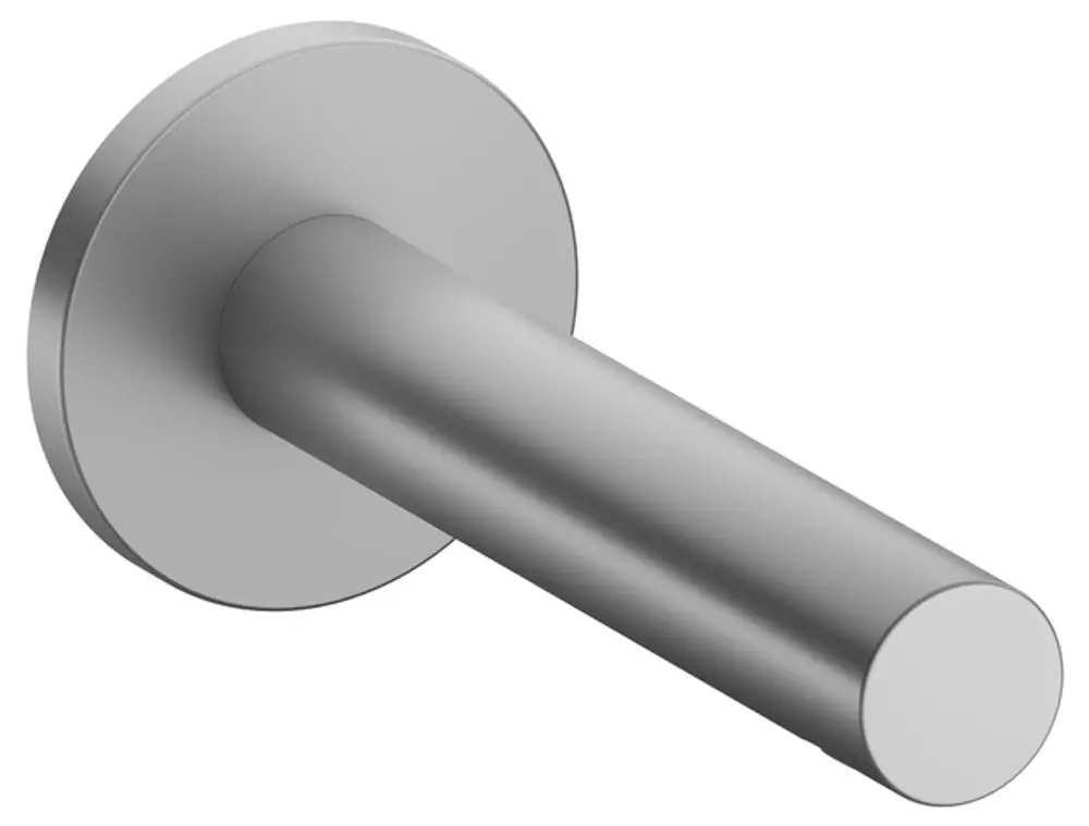 Keuco Wanneneinlauf mit runder Form und Aluminium-Finish, montiert an einer Wand. Der Auslauf hat einen schlichten, modernen Designstil.